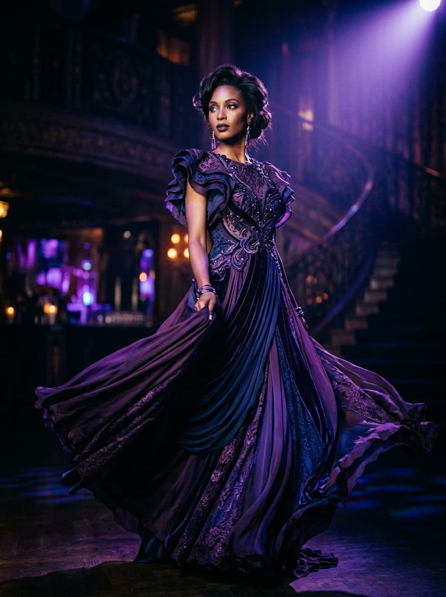 Premium fashion — haute couture dress in deep purple tones